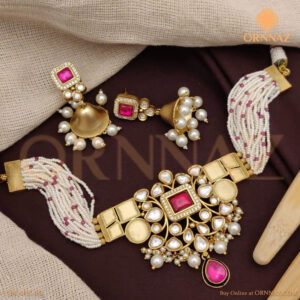 Designer Matte Finish Necklace with Pink Kundan and Beads