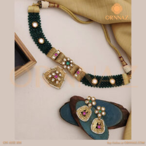 Gold-Plated Green Beaded Necklace Jewellery Set