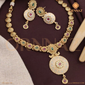 Long Antique Meenakari Necklace with Round Pendant