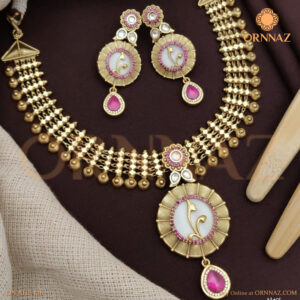 Pink Pearl Heavy Necklace Earrings Set