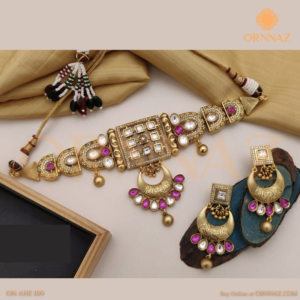 Pink Rajwadi Kundan Necklace Set