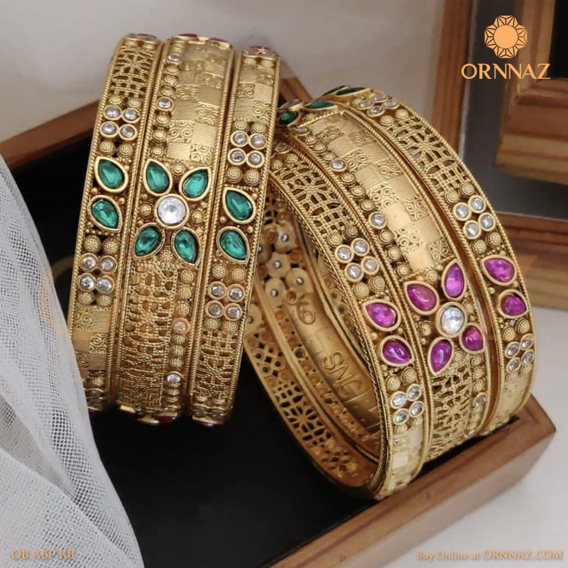 Rajwadi gold plated traditional (kada chudi) stone metal bangles set for  women and girls Wedding Bangles Set for Women