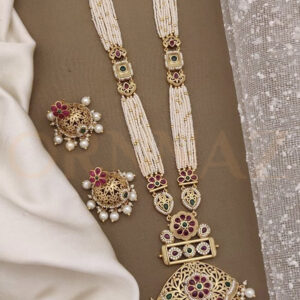 Attractive Kundan Long Necklace Set with Pearl