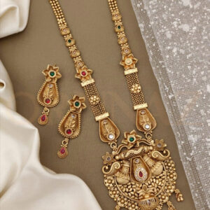 Ethnic Gold Plated Floret Long Set with Designer Pendant & Earrings