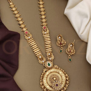 Exclusive Gold Plated Long Set with Round Pendant for Wedding Wear