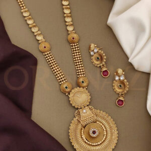 Fancy Gold Plated Long Set with Round Pendant & Earrings