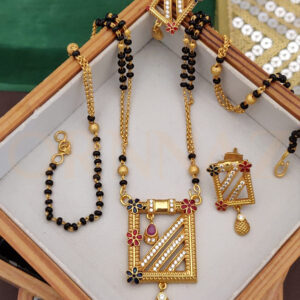 Fancy Square Pendant AD Long Mangalsutra Set with Multicolor Jewels