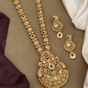 Gold Plated Long Set for Traditional Festivals with Sathiya and Kalash in Pendant