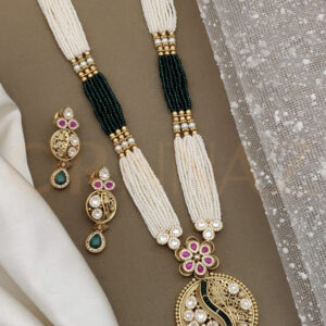 Green White Kundan Long Jewellery Set for Saree