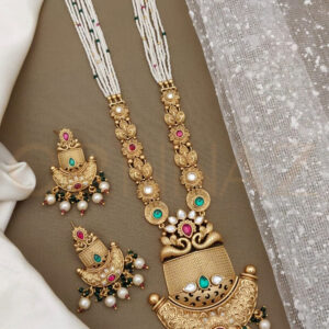 Peacock Design Meenakari Long Set Gold Plated with White Pearl