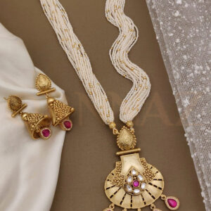 Pink Kundan Long Set Gold Plated with White Beads
