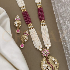 Pink White Kundan Multi Layer Long Set Bridal Jewellery