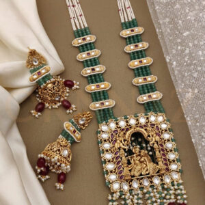 Radha Krishna Long Set with Green White Kundan & Red Pearls