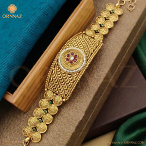 Red Stone High Gold Bracelet with Flower Design