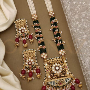 Square Pendant Kundan Long Set with Red Pearls