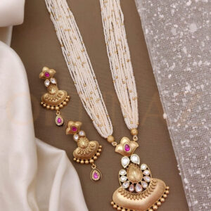 White Gold Tone Kundan Pearl Long Set with Earrings