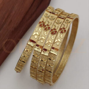 Beautiful Brass Bangles Set with Brown Flower Design