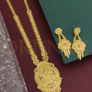 1 Gram Gold Plated Long Haram with Matching Earrings for Ladies