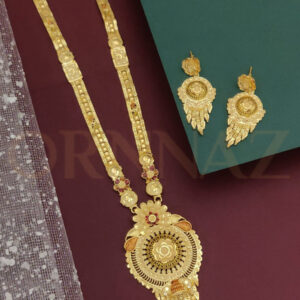 Long Haram 1 Gram Gold Plated with Round Pendant and Matching Earrings for Ladies
