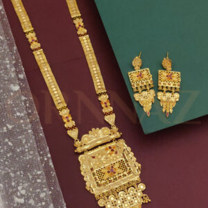 Stunning One Gram Gold Plated Long Haram Set with Square Pendant and Earrings