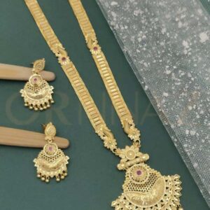 Designer Gold Plated Long Haram Necklace Set with Floral Pendant Designs