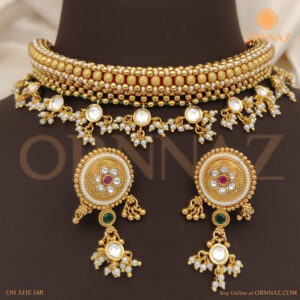 Antique Choker Matte Finish Necklace Set with Handwork Earrings