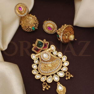 Antique Designer Leaves Shape Kundan Pendant Set with Stone Studded Earrings