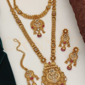 Antique Floral Design Long Necklace Set with Maang Tikka and Earrings