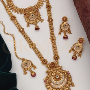 Antique Flower Design Long Necklace with Maang Tikka and Earrings Combo