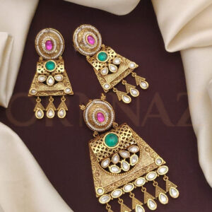 Antique Gold Plated Kundan Multi-Color Stone Stud Pendant Set with Jhalar Earrings