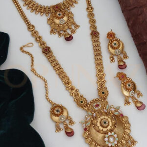 Antique Gold Plated Long Necklace Set with Jhalar Tikka and Earrings