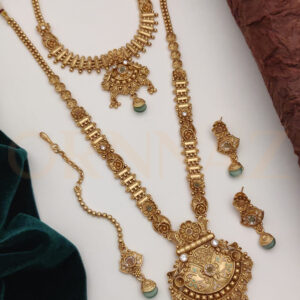 Antique High Gold Finishing Long Necklace with Maang Tikka and Earrings Combo
