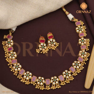 Antique Jhalar Stone Necklace Set with Beautiful Red Stone Earrings