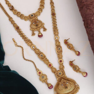 Antique Kundan Drop Shape Long Necklace with Maang Tikka and Earrings Combo Pack