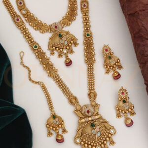 Antique Leaves Design Long Necklace Combo with Stone Maang Tikka and Earrings