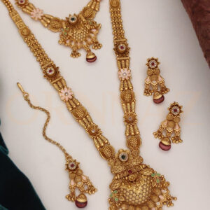 Antique Long Necklace with Polki Maang Tikka and Earrings Combo