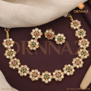 Antique Multicolor Stone Floral Necklace Set with Heavy Flower Earrings