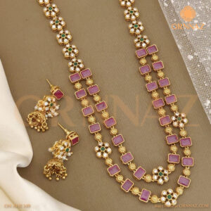 Antique Pink Stone Flower Necklace Set with Jhumkha Earrings
