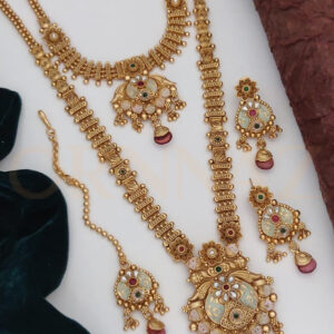 Antique Rajwadi Long Necklace Combo with Stone Studded Tikka and Earrings
