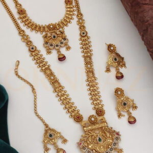 Antique Temple Design Long Necklace with Maang Tikka and Earrings Combo