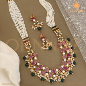 Beautiful Multi Color Stone Work Necklace Set with Beautiful Pearl Jhalar Earrings