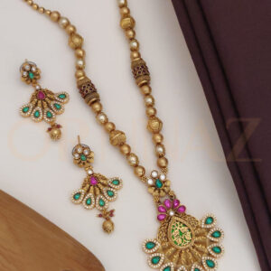 Rajwadi Leaves Design Pink and Green Color Stone Matte Finish Long Set