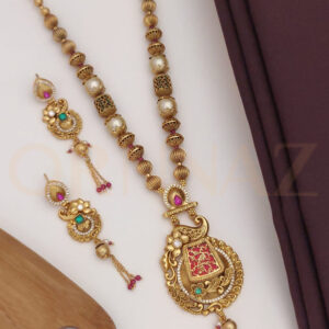 Traditional Matte Finish Floral Design Long Jewellery Set with Earrings