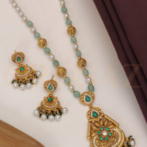 Fancy Green Color and White Pearl Kundan Layered Long Set