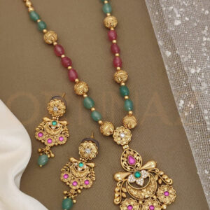 Beautiful Red and Green Color Pearl Kundan Layered Long Set with Earrings