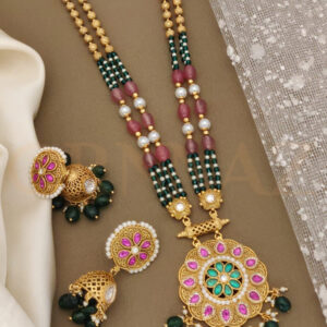 Antique Floral Design Pearl Kundan Layered Long Set with Jhumkas Earrings
