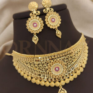 Rajwadi Net Design Choker Necklace Set with Floral Design Earrings
