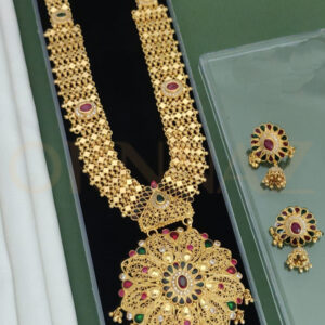 Rajwadi Polki Pattern Gold Plated Rani Haar Set with Earrings