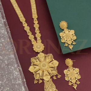 Floral Shape Gold Plated Rani Haar Set with Earrings