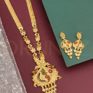 1 Gram Gold Plated Multicolor Stone Long Haram with Earrings